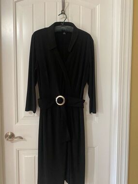 Chaps Black Long-Sleeve Wrap Dress with Silver Buckle